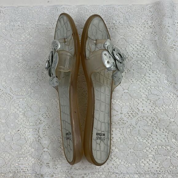 Stuart Weitzman Sandals Silver Clear Jelly Rose Accents thong toe Size 8 Slip on - Picture 10 of 13